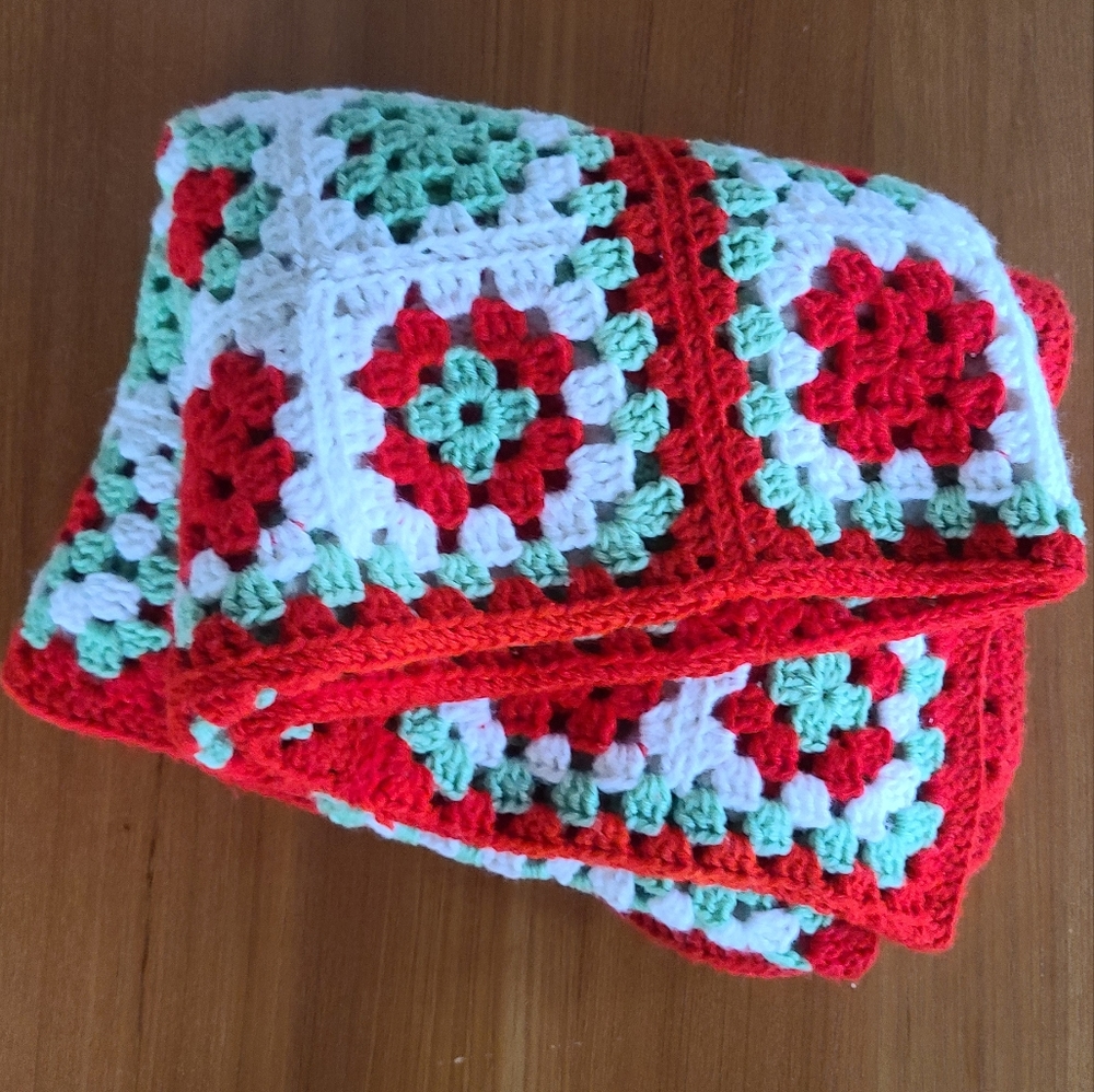 Handmade Crochet Blanket - Red, Green, and White